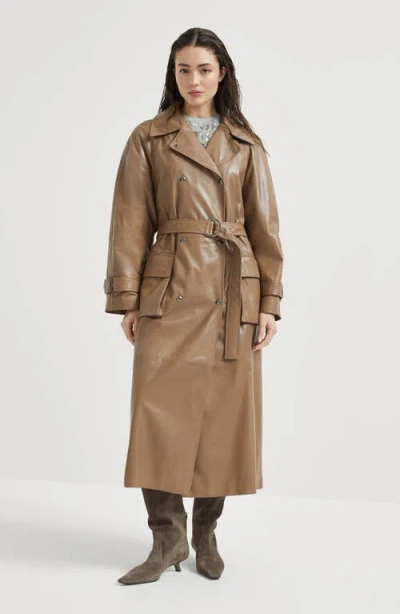 Brunello Cucinelli Polished Nappa Leather Trench With Monili In Brown