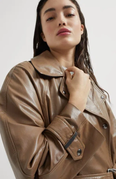 Brunello Cucinelli Polished Nappa Leather Trench With Monili In Brown