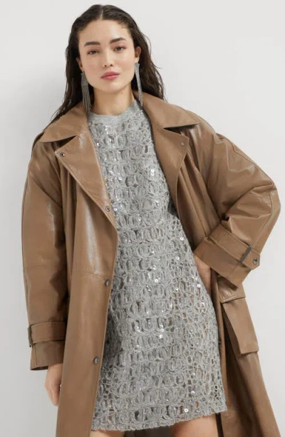Brunello Cucinelli Polished Nappa Leather Trench With Monili In Brown