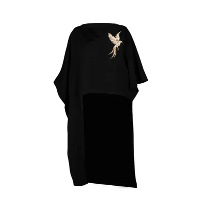 Laines London Women's Black Laines Couture Asymmetric Blouse Cape With Embellished Gold Bird Of Paradise