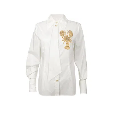 Laines London Women's Gold / White Laines Couture White Tie Shirt With Embellished Lobster