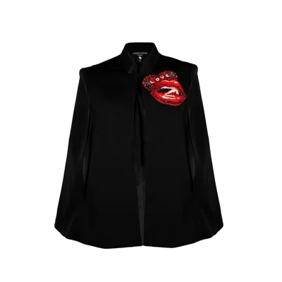 Laines London Women's Black / Red Laines Couture Tailored Cape With Embellished Red Love Lips