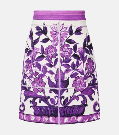 Dolce & Gabbana Majolica Cotton And Linen-blend Miniskirt In Purple