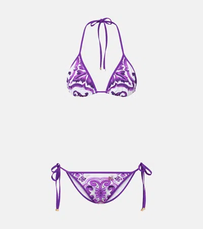 Dolce & Gabbana Maiolica Printed Triangle Bikini In Purple