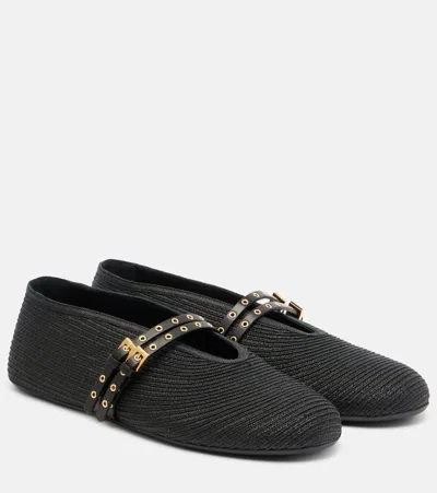 Alaïa Leather-trimmed Straw Ballet Flats In Black