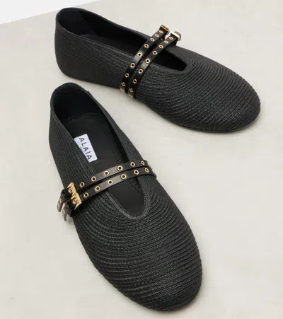 Alaïa Leather-trimmed Straw Ballet Flats In Black