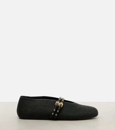 Alaïa Leather-trimmed Straw Ballet Flats In Black