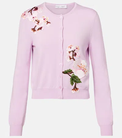 Oscar De La Renta Wool Floral Applique Cardigan In Pinksoft Pink