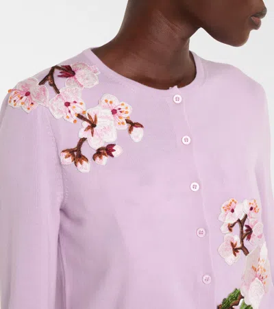 Oscar De La Renta Wool Floral Applique Cardigan In Pinksoft Pink