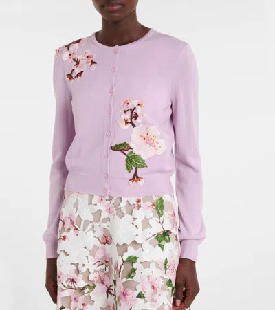 Oscar De La Renta Wool Floral Applique Cardigan In Pinksoft Pink