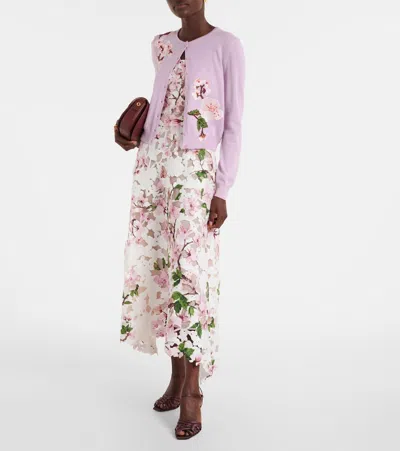 Oscar De La Renta Wool Floral Applique Cardigan In Pinksoft Pink