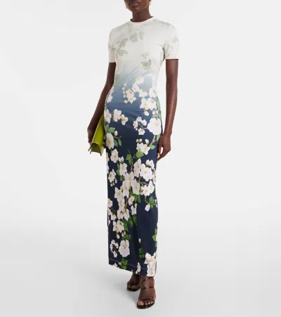 Oscar De La Renta Short Sleeve Cherry Blossom Jersey Dress In Navy