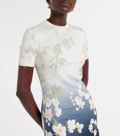 Oscar De La Renta Short Sleeve Cherry Blossom Jersey Dress In Navy
