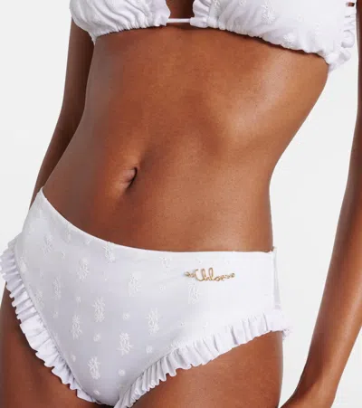 Chloé Embroidered Ruffled Bikini Bottoms In White