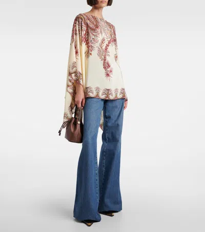 Etro , Silk Poncho Top With Placed Print, Woman, Multicolour In Neutral
