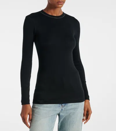 Brunello Cucinelli Womans Long-sleeved Black Cotton T-shirt With Monile Crew Neck In Black
