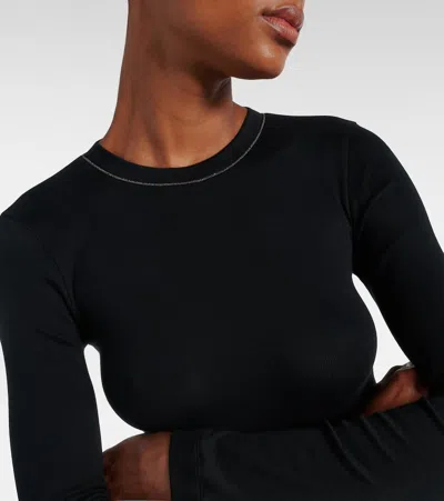 Brunello Cucinelli Womans Long-sleeved Black Cotton T-shirt With Monile Crew Neck In Black