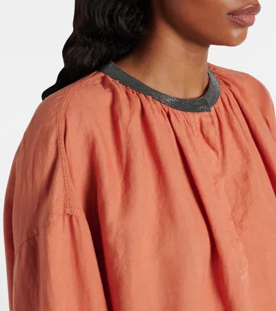 Brunello Cucinelli Monili Linen And Cotton Top In Orange
