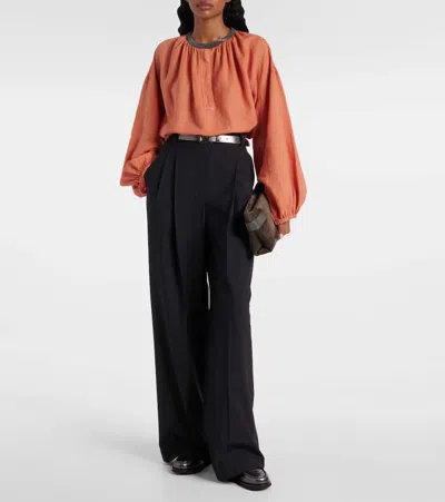 Brunello Cucinelli Monili Linen And Cotton Top In Orange