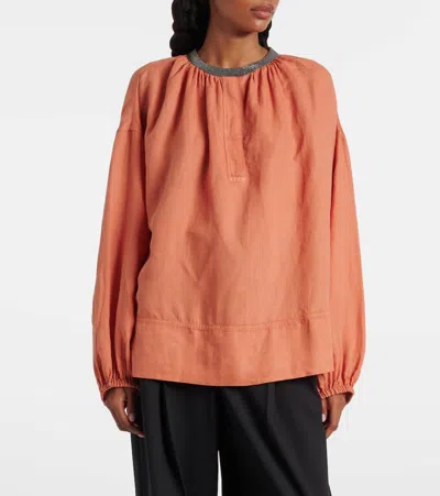 Brunello Cucinelli Monili Linen And Cotton Top In Orange