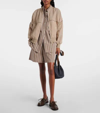 Brunello Cucinelli Striped Cotton-blend Poplin Shirt In Brown