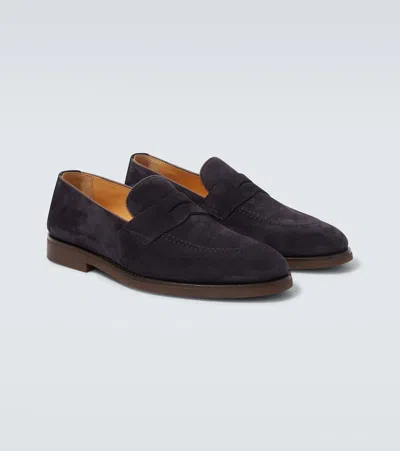 Brunello Cucinelli Mens Navy Flex Penny Suede Loafers In Blue