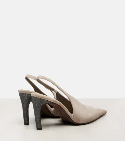 Brunello Cucinelli 80 Monili Suede Slingback Pumps In Brown