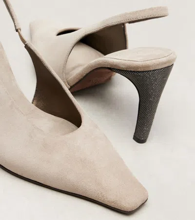 Brunello Cucinelli 80 Monili Suede Slingback Pumps In Brown