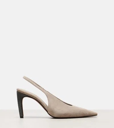 Brunello Cucinelli 80 Monili Suede Slingback Pumps In Brown