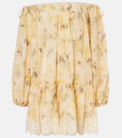 Zimmermann Cascadian Off-the-shoulder Lace-trimmed Printed Cotton-voile Mini Dress In Yellow