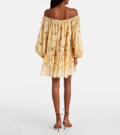 Zimmermann Cascadian Off-the-shoulder Lace-trimmed Printed Cotton-voile Mini Dress In Yellow