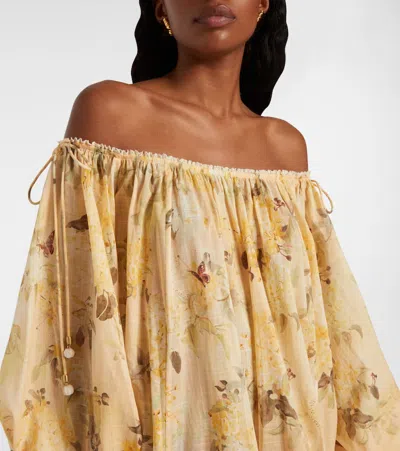 Zimmermann Cascadian Off-the-shoulder Lace-trimmed Printed Cotton-voile Mini Dress In Yellow