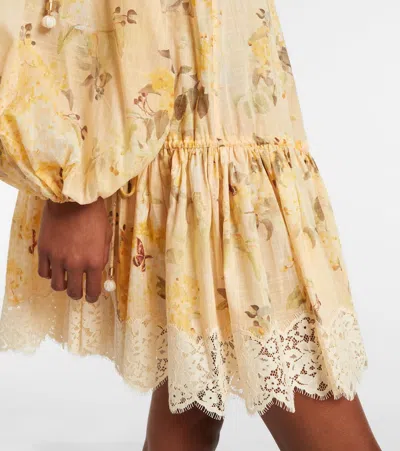 Zimmermann Cascadian Off-the-shoulder Lace-trimmed Printed Cotton-voile Mini Dress In Yellow