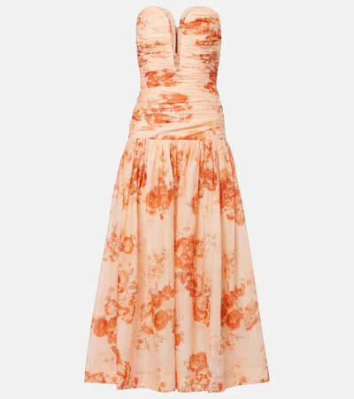 Zimmermann Cascadian Strapless Midi Dress Red Botanical Floral In Pink