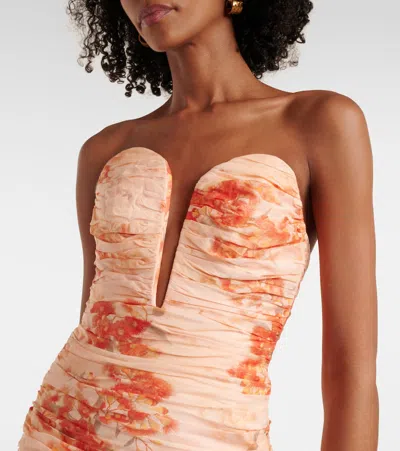 Zimmermann Cascadian Strapless Midi Dress Red Botanical Floral In Pink