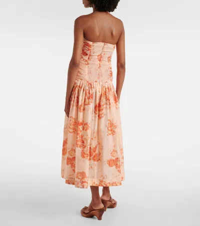 Zimmermann Cascadian Strapless Midi Dress Red Botanical Floral In Pink