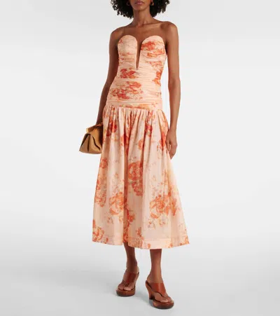 Zimmermann Cascadian Strapless Midi Dress Red Botanical Floral In Pink