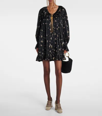 Chloé Liberty Print Long Sleve Silk Charmeuse Minidress In Black