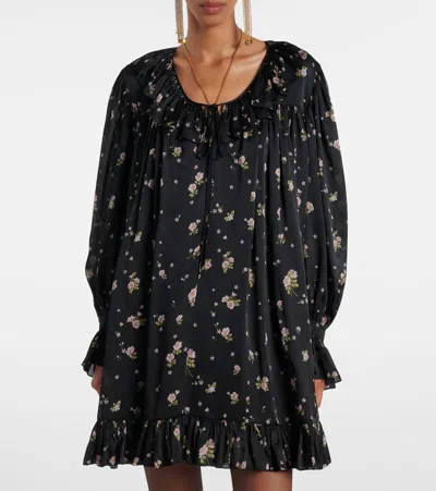 Chloé Liberty Print Long Sleve Silk Charmeuse Minidress In Black