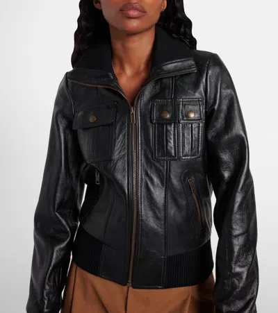 Chloé Leather Bomber Jacket With High Collar In Black