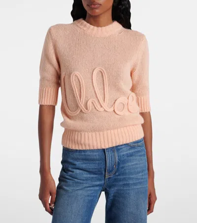 Chloé Wool And Silk Logo-applique Top In Pink