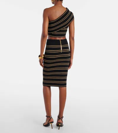 Balmain Striped One-shoulder Cropped Top With Lurex Thread In Black