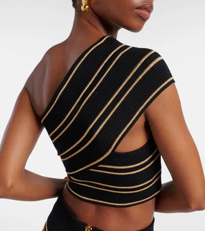 Balmain Striped One-shoulder Cropped Top With Lurex Thread In Black