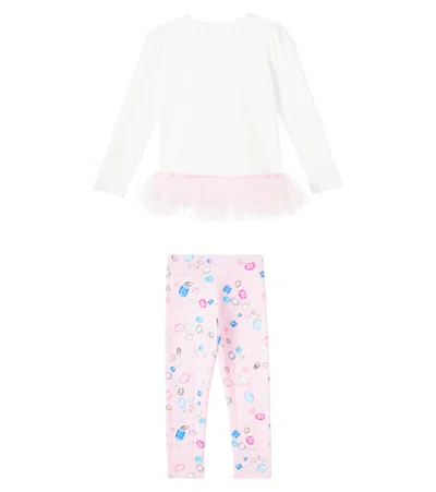 Monnalisa Cotton-blend Top And Leggings Set In White