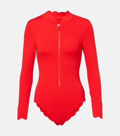 Marysia North Sea Scalloped Rashguard Swimsuit In Red