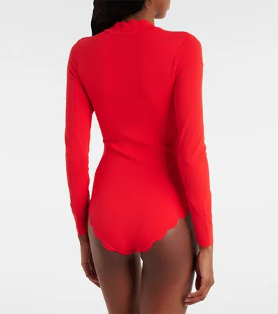 Marysia North Sea Scalloped Rashguard Swimsuit In Red