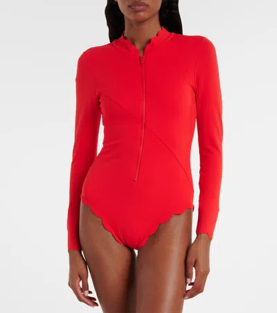 Marysia North Sea Scalloped Rashguard Swimsuit In Red