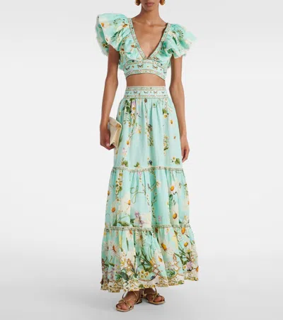 Camilla Floral Freefall Tiered Linen Maxi Skirt In Green