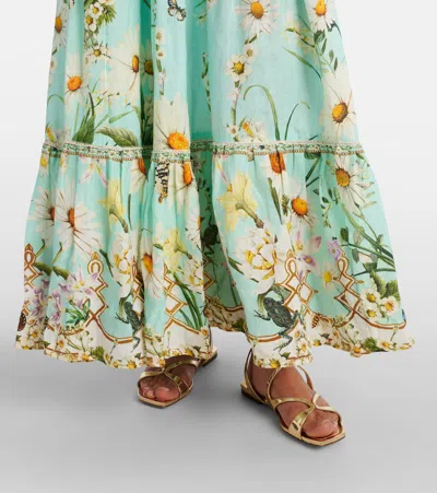 Camilla Floral Freefall Tiered Linen Maxi Skirt In Green