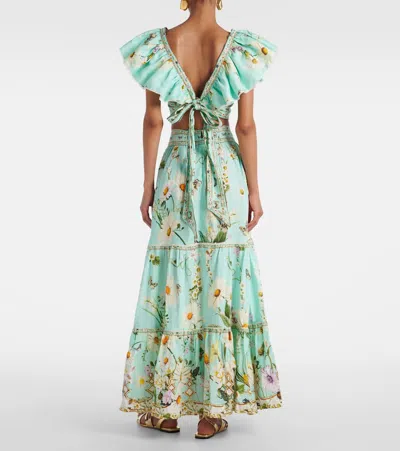 Camilla Floral Freefall Tiered Linen Maxi Skirt In Green